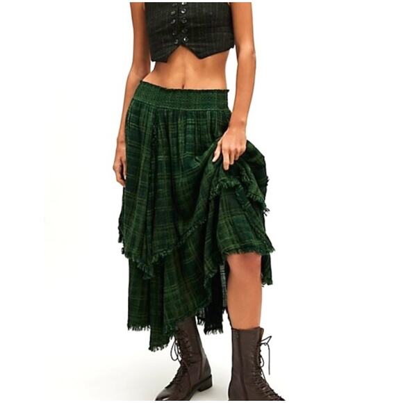 Free People FP One Averie Plaid Boho Billowy Tiered Asymmetrical Raw Hem Skirt - Picture 2 of 11